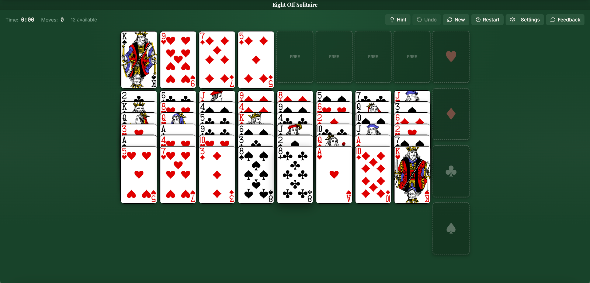 Eight Off Solitaire game layout showing 8 tableau columns, 8 free cells (4 filled with cards, 4 empty), and 4 foundation piles
